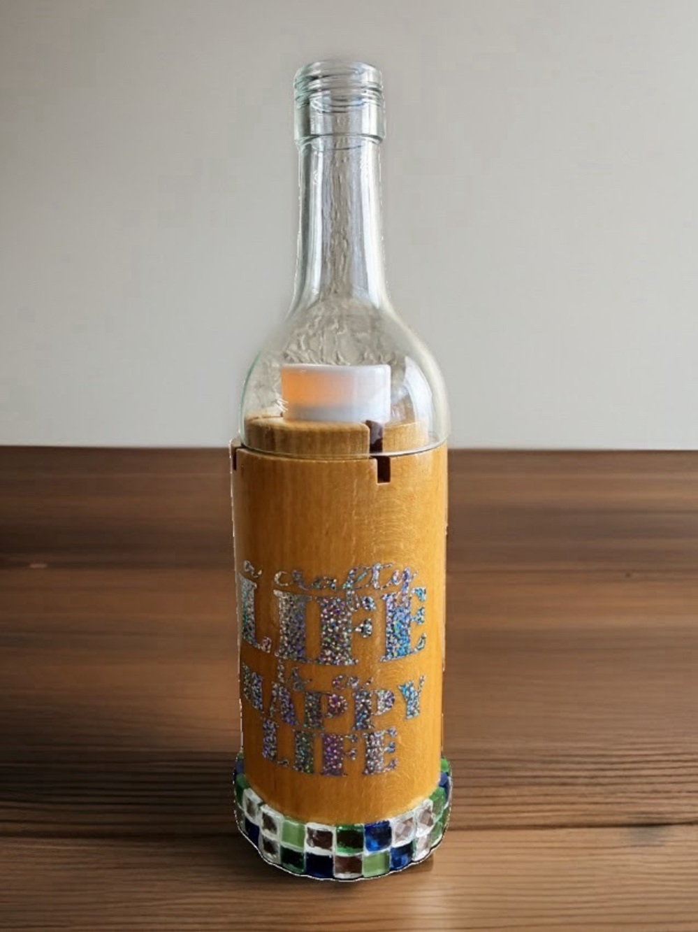 “Crafty Life, Happy Life" Holographic Teak & Mosaic Candle Pillar